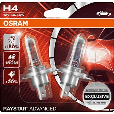 Abbildung von Osram 64193PR1 02B GLL H4 RAYSTAR ADVANCED +150% 2er diese Scheinwerferlampen leuchten bis zu 150% heller, 12 Volt 60/55 Watt