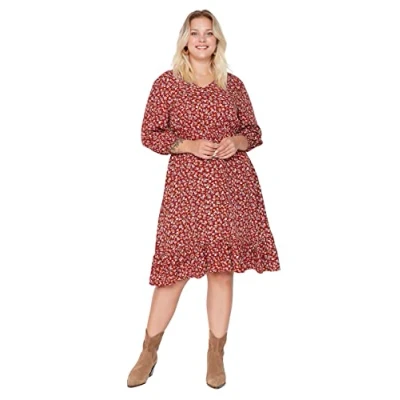 Abbildung von Trendyol Damen Übergröße Regular Skater V Ausschnitt Webstoff Große Größen in Kleid, Dunkles Bordeaux, 42