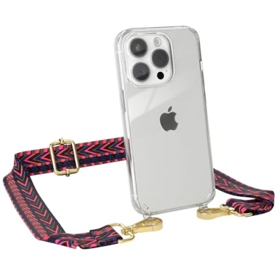 Abbildung von EAZY CASE Handykette mit verstellbarem Trageriemen für iPhone 15 Pro Taschengurt zum Wechseln transparenter Handyhülle Hülle dünner Schulterriemen in Pink Blau Gold