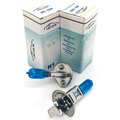 Abbildung von INION SET 2x Stück H1 55W 12V Gas Xenon Optik mit echtem gefüllt Halogen Lampen Glühlampen Super White Birnen Autolampen Long Life Zugelassen im Bereich der StVZO