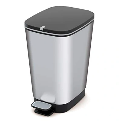 Abbildung von CURVER KIS Chic Bin Style Treteimer 45l mit Deckel und Pedal, Müllbeutelaufhängung, Silber metallic, 29 x44,5 x 60,5 cm