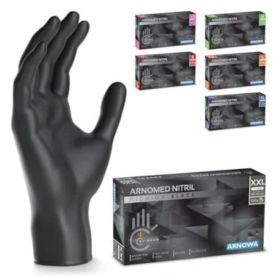 Abbildung von 500 Stück (5x100) ARNOMED Einweghandschuhe Schwarz, Einmalhandschuhe XXL, Nitril Handschuhe Einweg, Nitrilhandschuhe puderfrei, Gummihandschuhe Schutzhandschuhe XS, S, M, L, XL, XXL