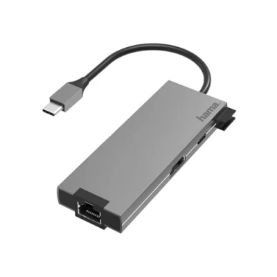 Abbildung von Hama USB C Hub 5 Ports (Multiport Adapter 1x HDMI 4K Ultra HD, LAN Gigabit Ethernet, 2x A, zur Übertragung von Daten und zum Laden mit PD, 5in1 für Büro, Homeoffice) Alu