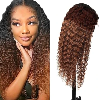 Abbildung von Lakaisa 4X4 HD Lace Front Wig Kinky Curly Human Hair Echthaar Perücke Glueless Wear and Go Brazilian Remy 180% Density Brown Color for Woman No Smell 20 Zoll