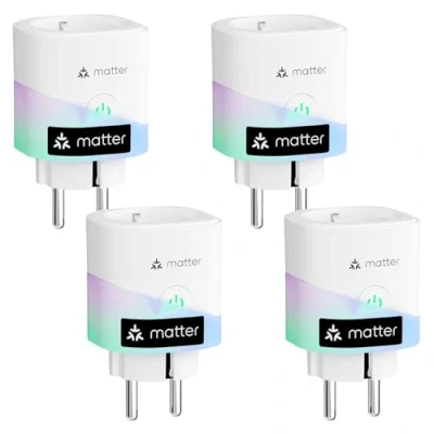 Abbildung von meross Matter WLAN Steckdose mit Stromverbrauch, 16A Smart Stromzähler für Balkonkraftwerk, funktioniert Apple Home, Alexa und Google Sprachsteuerung, Fernzugriff, 4er