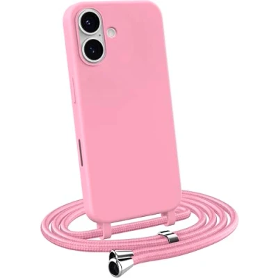 Abbildung von MyGadget Handykette für iPhone 16 TPU Hülle mit Band Handyhülle Handyband zum Umhängen Kordel Schnur Case Schutzhülle Rosa