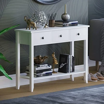 Abbildung von Vida Designs Windsor Konsolentisch, 3 Schubladen, weißes Holz, weiß