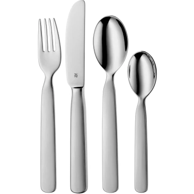 Abbildung von WMF First Lyric Kinderbesteck Set 4 teilig, Edelstahl, Besteck Kinder ab 3 Jahre, Cromargan Edelstahl teilmattiert, Gravurbesteck