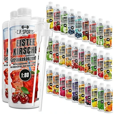 Abbildung von C.P. Sports Getränkesirup für Mineraldrink I Sirup zuckerfrei Vital Drink EISTEE KIRSCHE mit Vitaminen Getränkekonzentrat zum Mischen Wasser Sport Getränk 2 Liter + Pumpspender