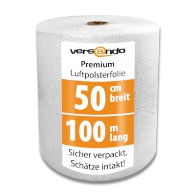 Abbildung von versando Premium Luftpolsterfolie 100m x 0,5m Versand, Verpackung, Umzug Noppenfolie Bubble Wrap LPF Rolle