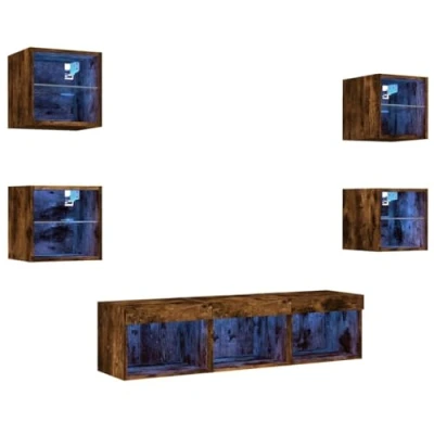Abbildung von vidaXL Wohnwand 7 TLG., Schrankwand mit viel Stauraum, Anbauwand LED Beleuchtung, Wandmontage Fernsehschrank Wohnzimmer Set, Räuchereiche Holzwerkstoff