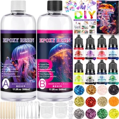 Abbildung von POWZOO Epoxidharz Mit Härter 1016 ml,Glasklar Gießharz Set Epoxidarz, Farbe,Glitzer, holzstäbchen, Handschuhe, messbecher,1: 1 Verhältnis für Kunstprojekt, schmuckherstellung, Handwerk