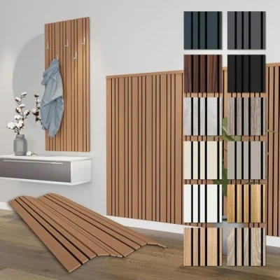 Abbildung von HEXIM Akustikpaneele Holz 138,5x60cm Mila flexible Wandpaneele 4er Set (3,32m²) Wanddeko Holzpaneele Wand Kombipaneel Wandverkleidung Schalldämmung Akustikfilz braun Teak