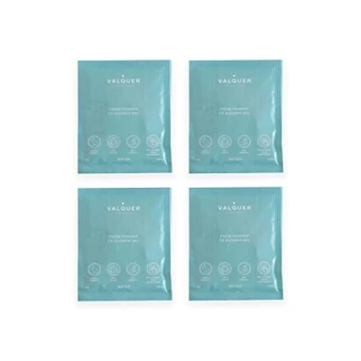 Abbildung von Valquer Shake Packung mit 4 widerstandsfähigen Duschgelen. Körpergel nachfüllen. Eine Flasche = unendlich viel Gel. Kein Verlust. 25 g 400 ml Gel Beutel Wasser