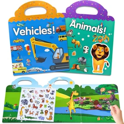Abbildung von Stickerbuch ab 2 3 4 Jahre Pcs Tiere Fahrzeuge Kinder für Jungen Mädchen mit Wiederverwendbar Beschäftigung Szene und Spielen Illustrationen, Unterwegs Auto Flugzeug Zug Reise usw