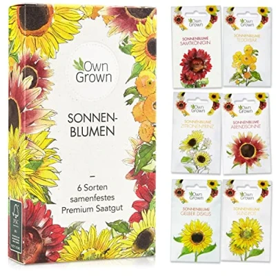 Abbildung von Sonnenblumen Samen Set Saatgut mit 6 Sorten Blumen Geschenk Riesen und klein Blumensamen von OwnGrown
