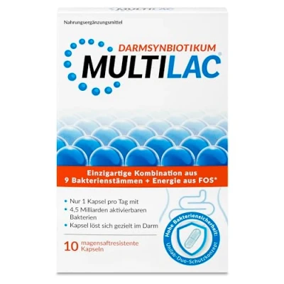 Abbildung von MULTILAC Darmsynbiotikum für die Darmgesundheit und ein starkes Immunsystem, 9 Bakterienstämme Fructooligosaccharide (FOS), vegan, 10 Kapseln