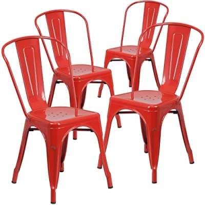 Abbildung von Flash Furniture Stuhl, stapelbar, Handelsgüte, Metall, für drinnen und draußen, Kunststoff, Gummi, Rot, 4 Stück