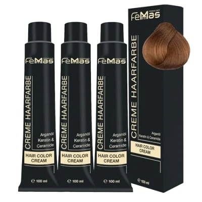 Abbildung von FemMas Haarfarbe 3x Hellblond Gold Intensiv 8.33 I Professionelle Creme mit Arganöl, Keratin &amp; Ceramiden dauerthafte Haarfärbung oder Tönung für strahlende Farbergebnisse 100 ml