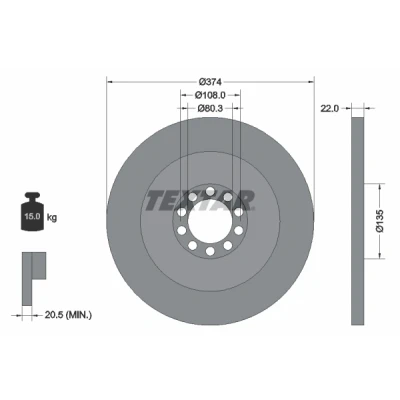 Abbildung von TEXTAR 93015500 Bremsscheibe 374 22 10/10 108 voll ohne Radbefestigungsbolzen, Radnabe MERCEDES BENZ: UNIMOG