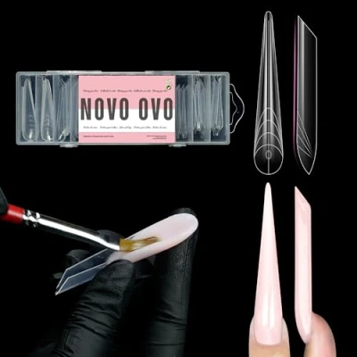 Abbildung von NOVO OVO XXL XXXL Russian Almond/Coffin Nail Dual Form, Russische Mandel /Sargnagel Doppelformen für Polygel Verlängerung mit Führungslinie innen, extra lang Acrylnägel, 70 Stück, 14 Größen