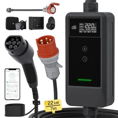 Abbildung von dé Mobile Wallbox/Ladestation 22kW [3 phasig7m6 32A] mit stromzähler, Ladekabel CEE 32A auf Typ 2 und EV Ladegerät für Model Y/3, ID.3/4/5, MG4, EX30, e up, tron, Zoe andere EV/PHEV