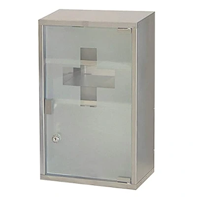 Abbildung von HS Lighting Medizinschrank Arzneischrank Edelstahl Erste Hilfe Schrank Medikamentenschrank abschließbar Hausapotheke mit Glas Tür und Schloss Tip on Automatik, 45ⅹ30ⅹ12 cm (Silber 3 Fächer)