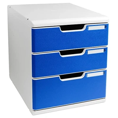 Abbildung von Exacompta 325003D Ablagebox Modulo mit 3 Schubladen für DIN A4+ Dokumente. Belastbare Schubladenbox hoher Kapazität mehr Platz stapelbar grau/blau