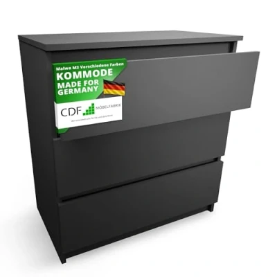 Abbildung von CDF Kommode Malwa M3 Farbe: Schwarz Schrank für Dokumente, Kleinigkeiten Ideal Wohnzimmer, Schlafzimmer, Kinderzimmer, Jugendzimmer und Büro 3 geräumige Schubladen Nachttisch