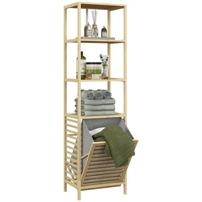 Abbildung von HOMCOM Badregal mit Wäschekorb, Badezimmerregal 3 Ebenen, Ausziehbarem Stoffkorb, Badschrank Kippschutz für Wohnzimmer, Badzimmer, Bambus, 44 x 33 160 cm