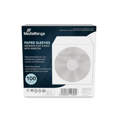 Abbildung von MediaRange BOX162 Papiertaschen für 1 Disc, mit klebender Lasche und Sichtfenster, 100er Pack klar
