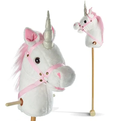Abbildung von Pink Papaya Steckenpferd Einhorn, Mandy süßes Spielzeug Einhorn aus Plüsch mit Sound Funktion: Gewieher und Galoppgeräusch Farbe: weiß rosa Mähne