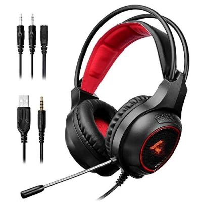 Abbildung von LYCANDER Gaming Headset mit Mikrofon und LED Licht, 3,5 mm Eingang, für PC, PS4, Xbox One, Nintendo Switch mehr (Essential Schwarz Rot)