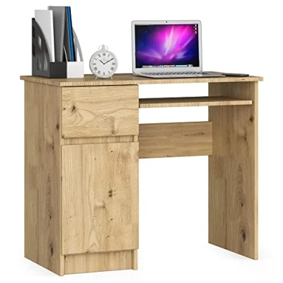 Abbildung von AKORD Piksel Schreibtisch Klein mit Schubladen Computertisch Bürotisch Tastaturablage Schublade und Fach Tür B90 x H77 T50 cm 30 kg Schrank Links Farbe: Kunsthandwerkliche Eiche
