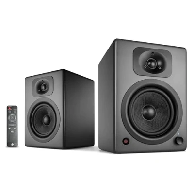 Abbildung von wavemaster TWO NEO stone gray Regallautsprecher System (60 Watt) mit Bluetooth Streaming, digitalen Anschlüssen und IR Fernbedienung Aktiv Boxen Nutzung für TV/Tablet/Smartphone, dunkelgrau (66364)