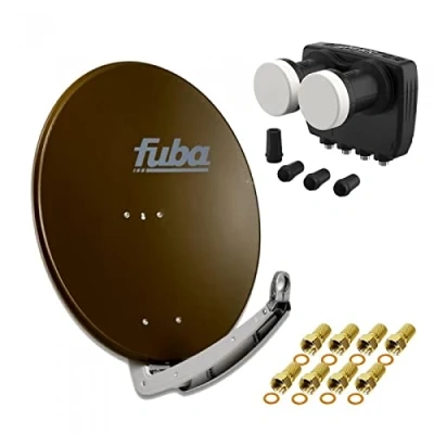 Abbildung von HD Digital Sat Anlage 2 Satelliten Astra/Hotbird 4 Teilnehmer Fuba DAA780B Schüssel 78cm braun + DUR line MB6 QS Monoblock Quad LNB 6 (DVB S2, HDTV, 4K/8K, 3D) 8xF Stecker vergoldet