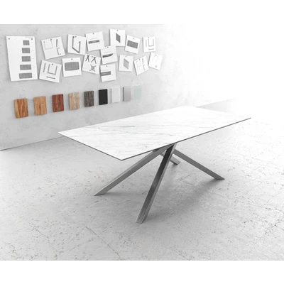 Abbildung von Esstisch Edge 200x100cm Keramik Laminam®Statuarietto Weiß Kreuzgestell Rechteck Edelstahl