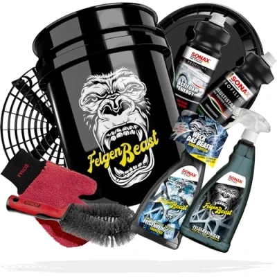 Abbildung von SONAX Auto Felgenreinigung Bundle Reinigungsset Wascheimer Felgenbeast mit Deckel + Grit Guard Eimereinsatz Felgenreiniger Winter Edition ActiFoam Energy Multistar 1L Zubehör