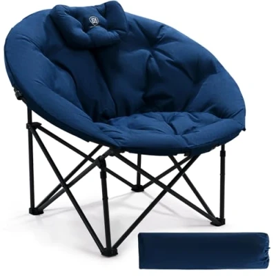 Abbildung von EVER ADVANCED Luxus Campingstuhl Faltbar Moonchair Übergroß 150KG Rund Klappstuhl Dick Gepolstert, Übergroßer Faltsessel Hohe Rückenlehne mit Kissen, Extra Breit für Outdoor Garten Balkon Indoor, Blau