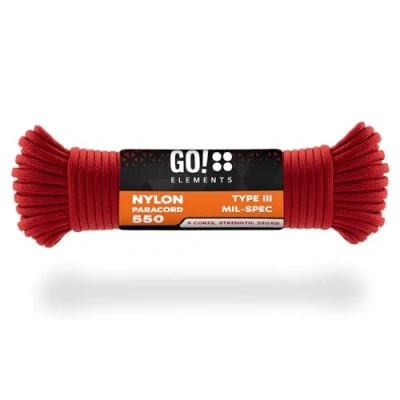 Abbildung von GO!elements 15m Paracord Seil aus reißfester Nylonschnur 4mm 550 Typ III Schnur geeignet als Allzweckseil &amp; Reepschnur Max. 250kg, Farbe: Rot