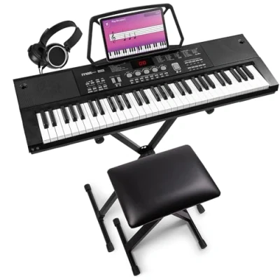 Abbildung von MAX KB15 Keyboard Piano mit 61 Tasten, Mikrofon und Display, Ständer, Hocker Kopfhörer, 8h Akku, LCD 70 Songs, für Anfänger, 26 Klangarten, 8 Percussion, USB C