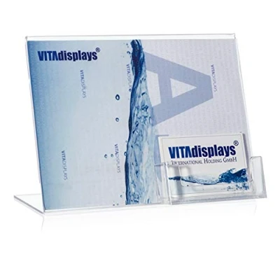 Abbildung von 10 Stück DIN A5 Werbeaufsteller, L Ständer, Aufsteller im Querformat mit extra Visitenkartenhalter als Tischaufsteller aus Original PLEXIGLAS