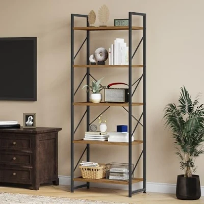 Abbildung von YITAHOME Bücherregal mit 5 Ebenen, Industrielles Standregal Aufbewahrungsregale für Wohnzimmer Bücher Schlafzimmer Büro Küche Zeitschriften, Vintagebraun