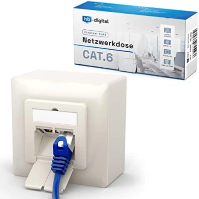 Abbildung von hb digital 1x CAT 6 Netzwerkdose für CAT.8 CAT.7 CAT.6A CAT.6 CAT.5 Verlegekabel mit 2X RJ45 Port Aufputz / Unterputz Datendose Universal EIA/TIA 568A&amp;B 8P8C Gigabit Ethernet RAL9010 Reinweiß