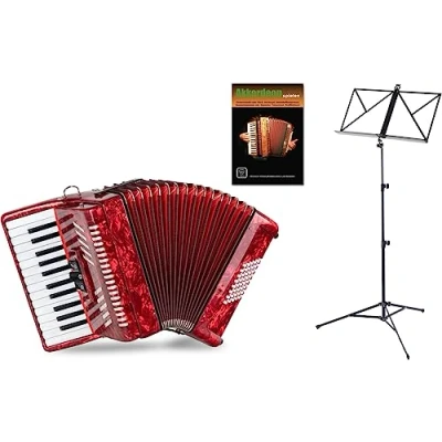Abbildung von Classic Cantabile 48 Bass Akkordeon &quot;Secondo V&quot; Set (48 mit Tasche &amp; Riemen inkl. Notenständer Schule) Rot