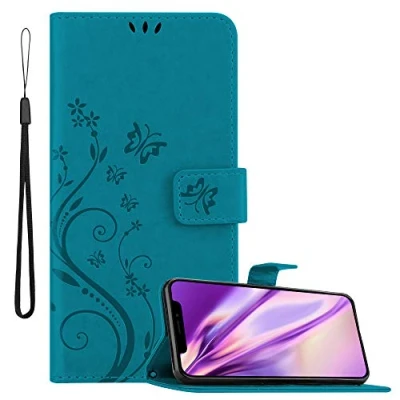 Abbildung von Cadorabo Hülle kompatibel mit Apple iPhone XS MAX Blumen Design aus Kunst Leder Flip Klappbare Stoßfeste Magnetische [Standfunktion] [Kartenfächern] Cover für Tasche in Blau