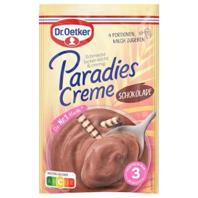 Abbildung von Dr. Oetker Paradies Creme Schokolade 11er Pack, 11 x 74 g Dessertpulver mit Schokoladen Geschmack zur Zubereitung eines Desserts, jeweils vier Portionen.