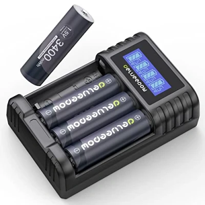 Abbildung von Delyeepow Wiederaufladbare AA Akku Lithium 1.5V 3400mWh, 1500 Zyklen Batterien 4 Stück mit LCD Smart Ladegerät