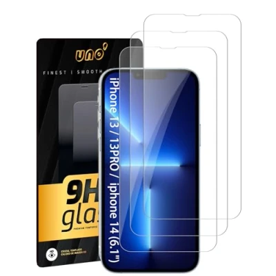 Abbildung von UNO&#039; 3 Stück Displayschutz für iPhone 14 / 13 Pro (6,1&quot;). Anti Fingerabdruck, kratzfest, Oberflächenhärte 9H, blasenfrei, ultra resistent, transparent.