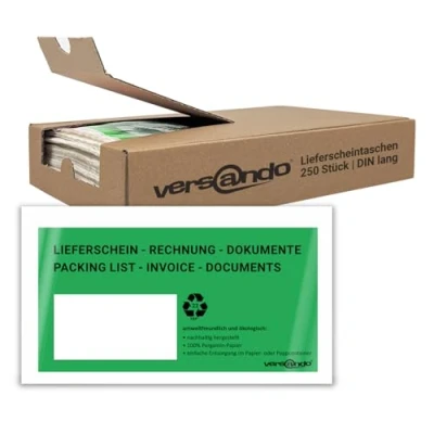 Abbildung von versando 250 ökologische Lieferscheintaschen DIN lang selbstklebend 100% Pergamin Papier folienfrei grün/schwarz bedruckt: &quot;Lieferschein/Rechnung&quot; in Spenderbox